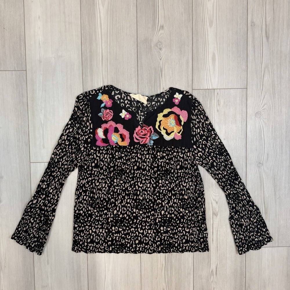 Savanna Jane Medium Boho Floral Embroidered Leopard Peplum‎ Top